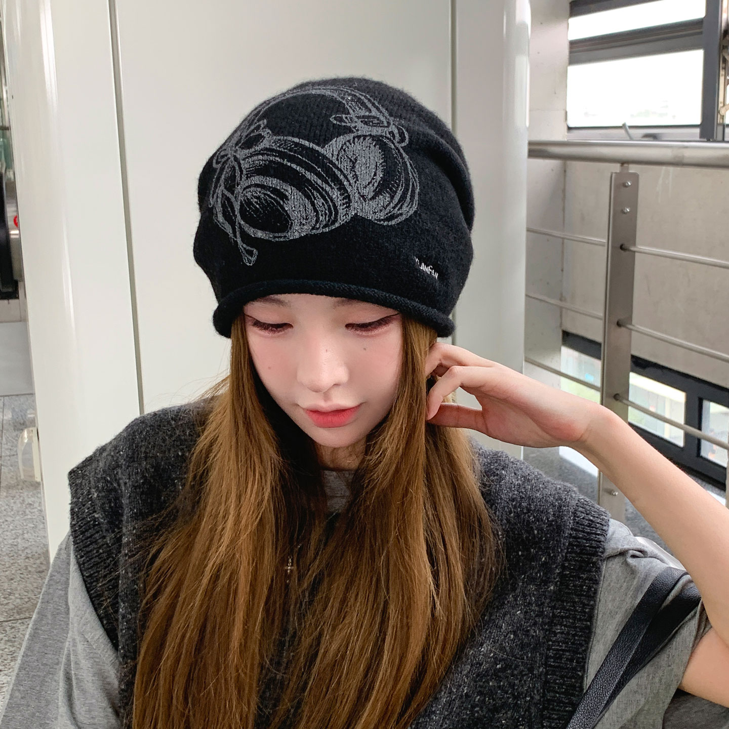复古耳机印花堆堆帽女秋冬显脸小