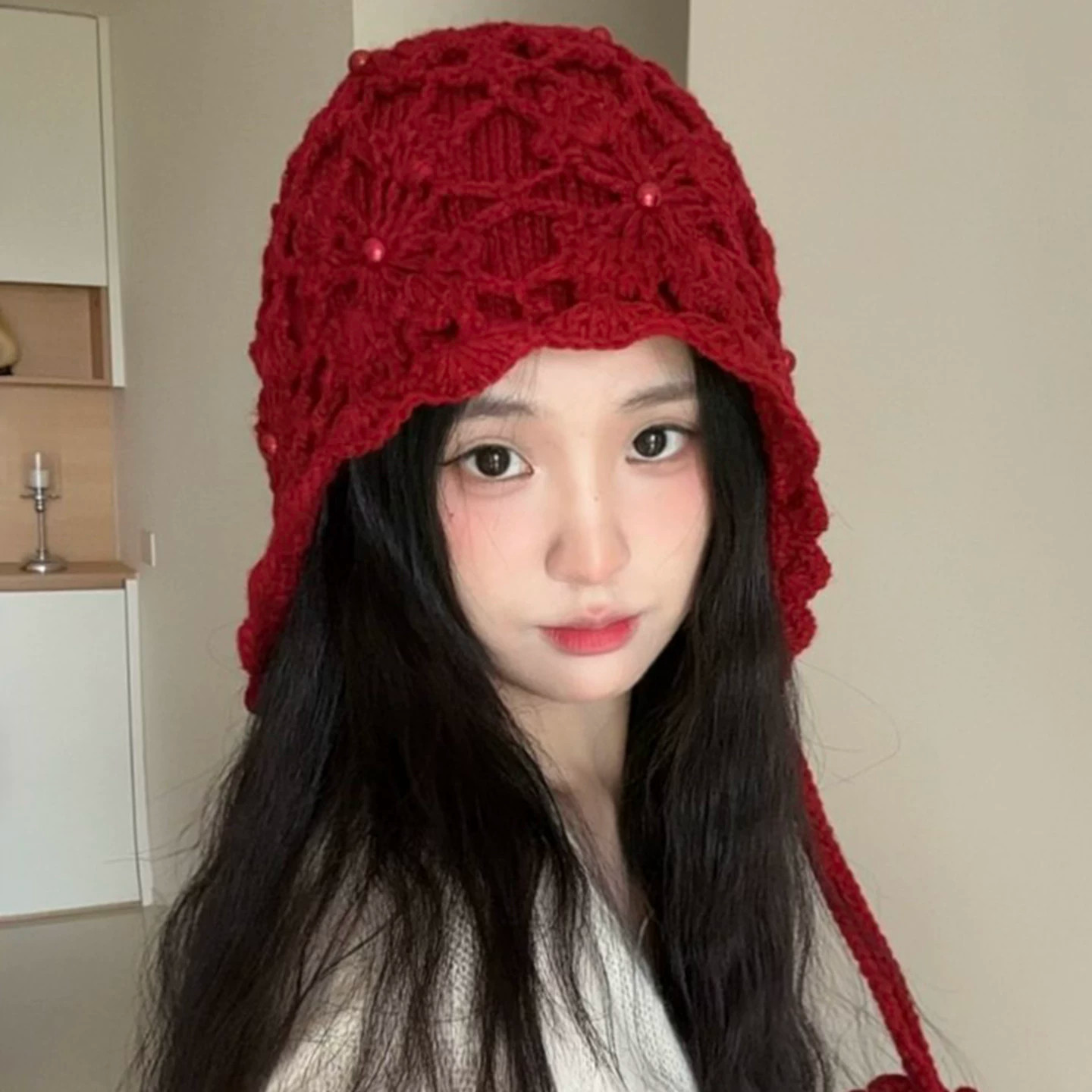 秋冬保暖钩针珍珠花朵流苏针织帽