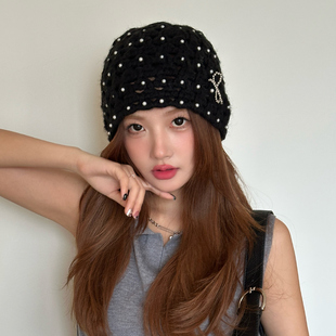 珍珠蝴蝶结镂空黑色包头帽子女冬季复古百搭显脸小针织帽时髦潮流