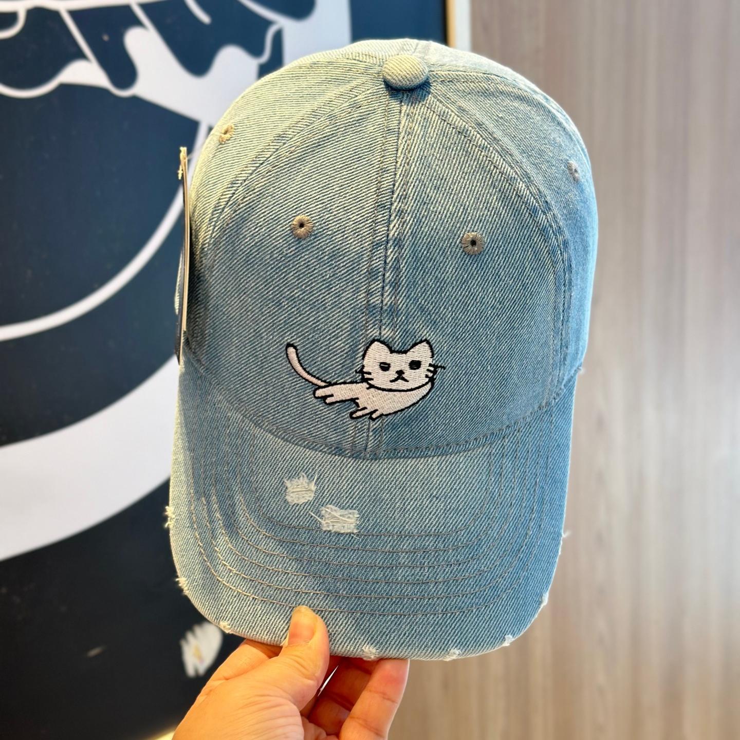 猫咪刺绣牛仔破洞棒球帽女四季