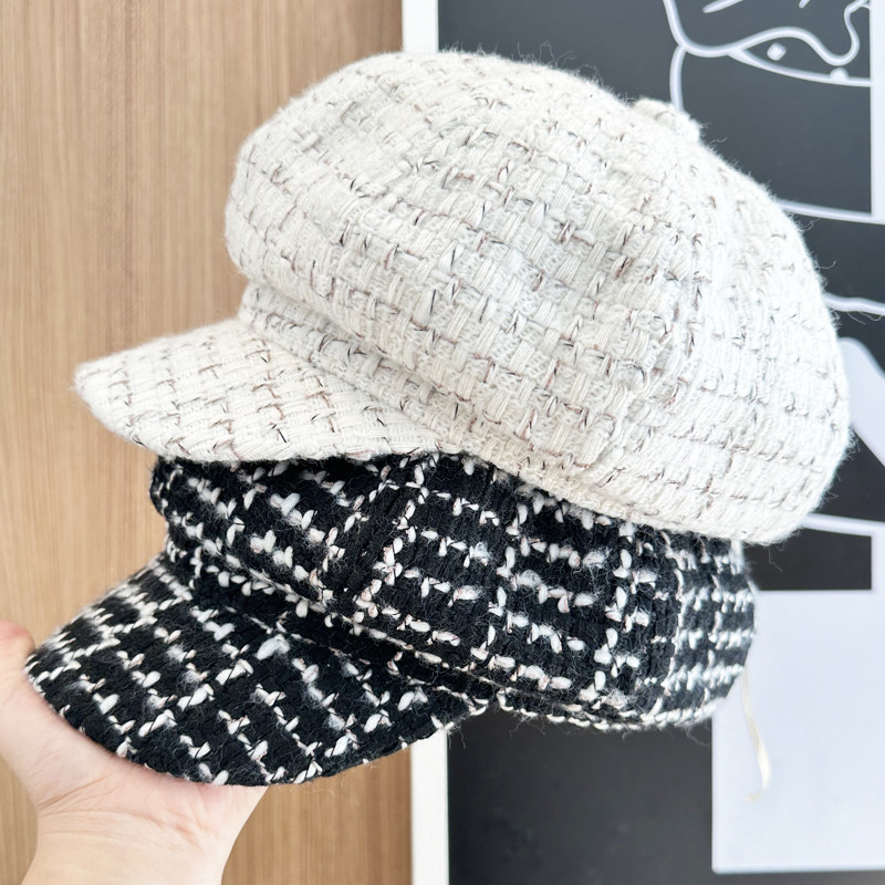 帽子女秋冬小香风鸭舌帽女韩版百搭时尚画家帽加厚毛呢格纹八角帽