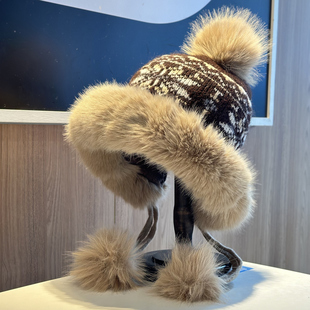 2025新款费尔岛风毛线帽子女冬季加厚加绒护耳毛球绑带保暖防寒