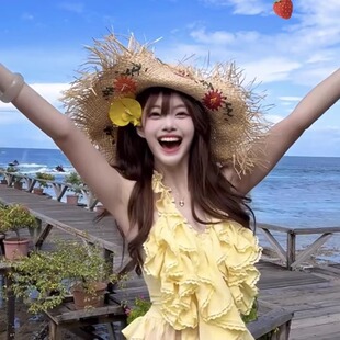 法式手工拉菲草帽女2025新款夏季度假风海边出游大帽檐遮阳沙滩帽