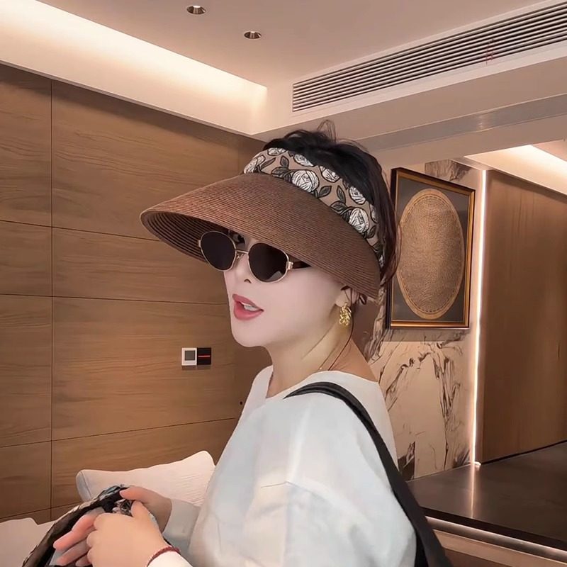 日系设计师防晒草编空顶帽