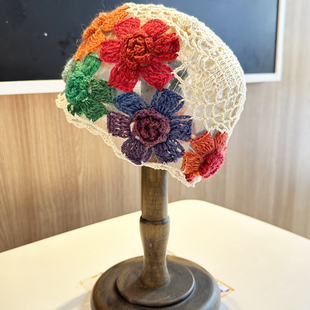 日系春夏新款文艺彩色花朵镂空帽子女生甜美时尚民族风针织包头帽