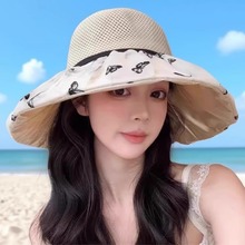 2025早春新款时尚印花渔夫帽子女韩版百搭大帽檐可折叠遮阳防晒帽