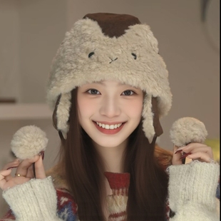 2025新款可爱猫耳朵毛绒雷锋帽子女冬季保暖加绒防寒护耳毛茸茸帽