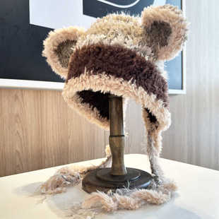 秋冬手工小熊帽子女圆耳朵小浣熊可爱毛绒帽绑带保暖护耳厚针织帽