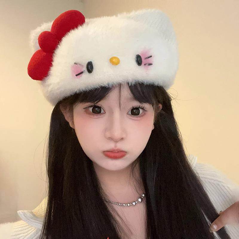 可爱蝴蝶结kt猫毛绒帽子女甜美