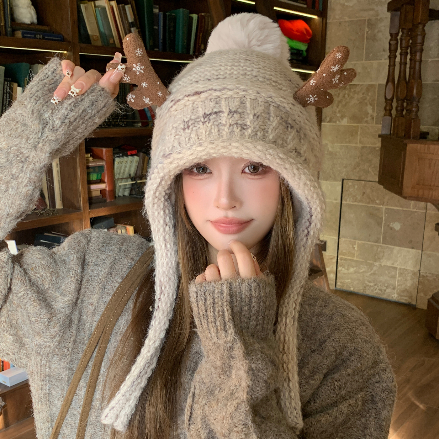 2025新款可爱鹿角针织帽子女
