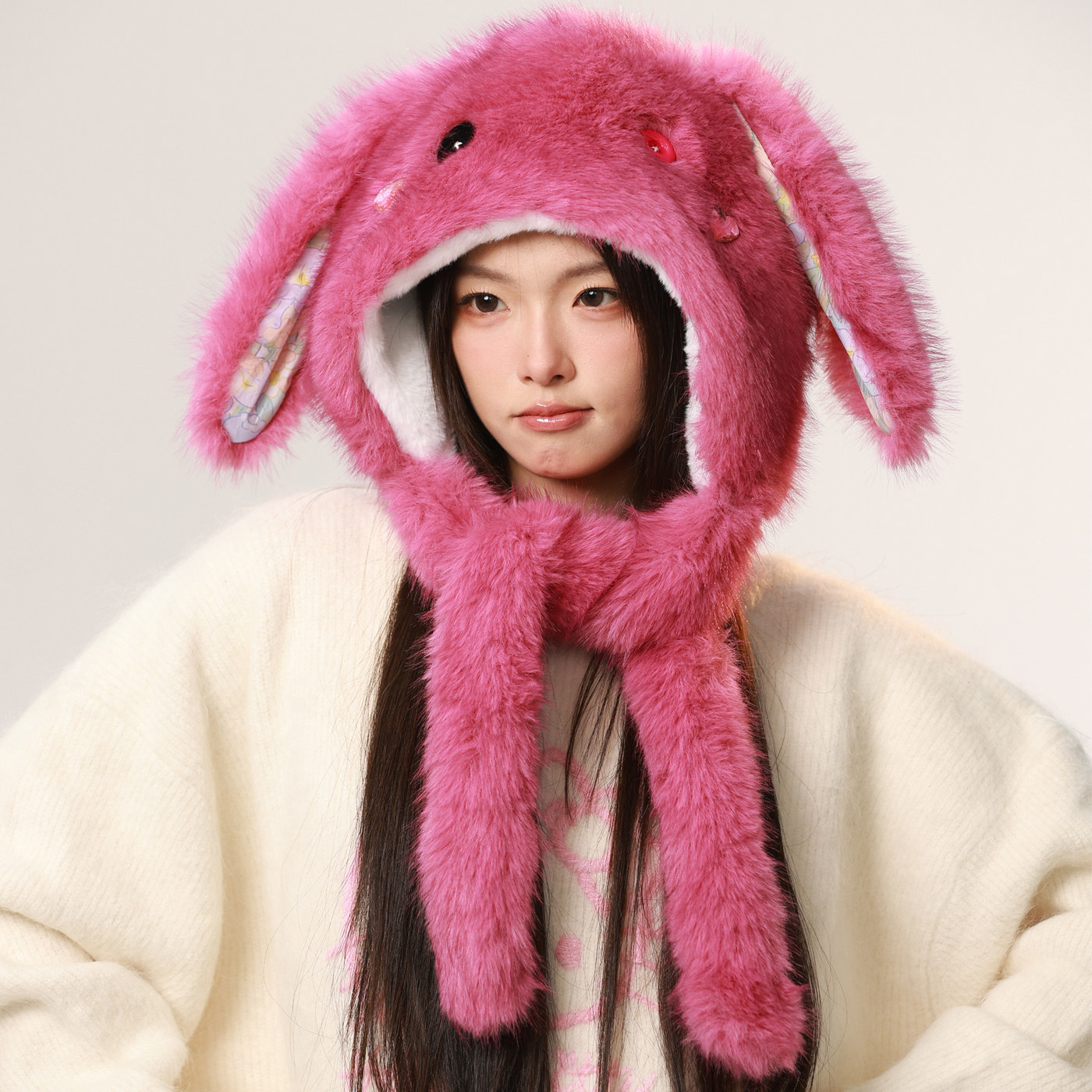 可爱钻石兔子毛绒帽子女秋冬季