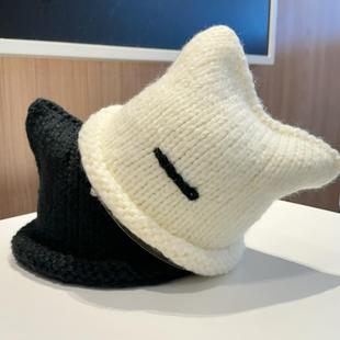 手工粗针织可爱毛线帽子女卷边猫耳朵渔夫帽冬季护耳帽小头围保暖