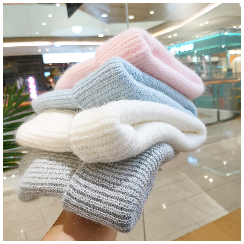 纯色兔毛针织毛线女堆堆帽帽子