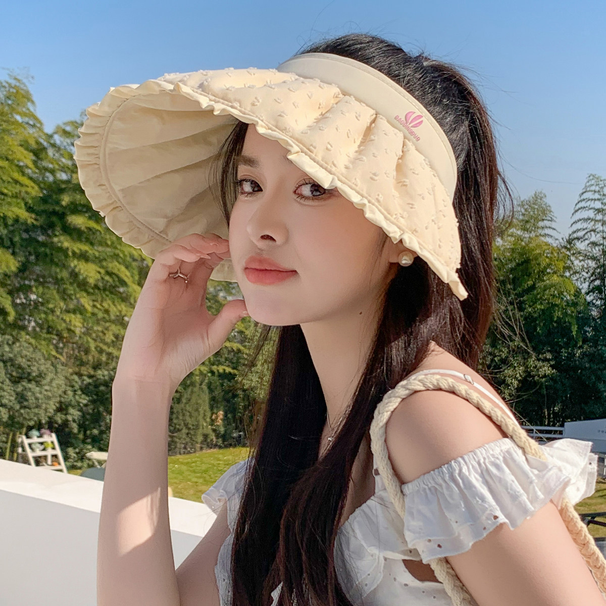 2025新款小清新木耳边空顶帽子女夏季韩系百搭贝壳帽遮阳防晒发箍