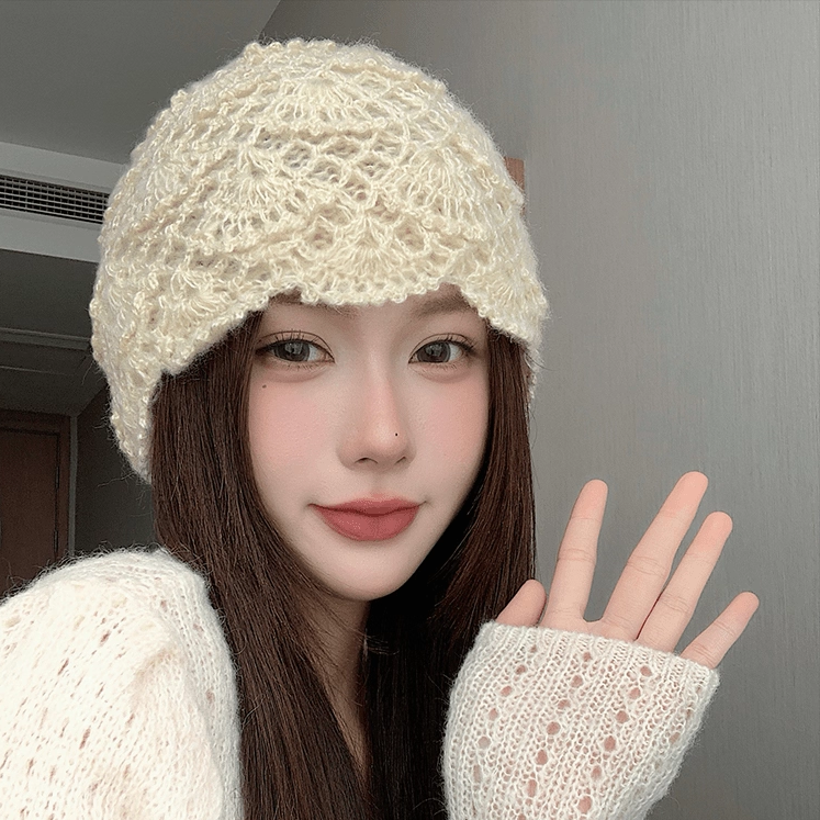 韩系手工钩花镂空松软针织毛线帽子女秋冬季保暖百搭包头帽冷帽潮
