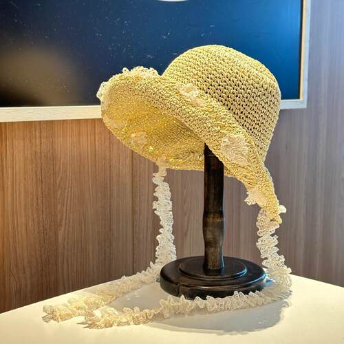 韩版蕾丝绑带可折叠防晒草帽女