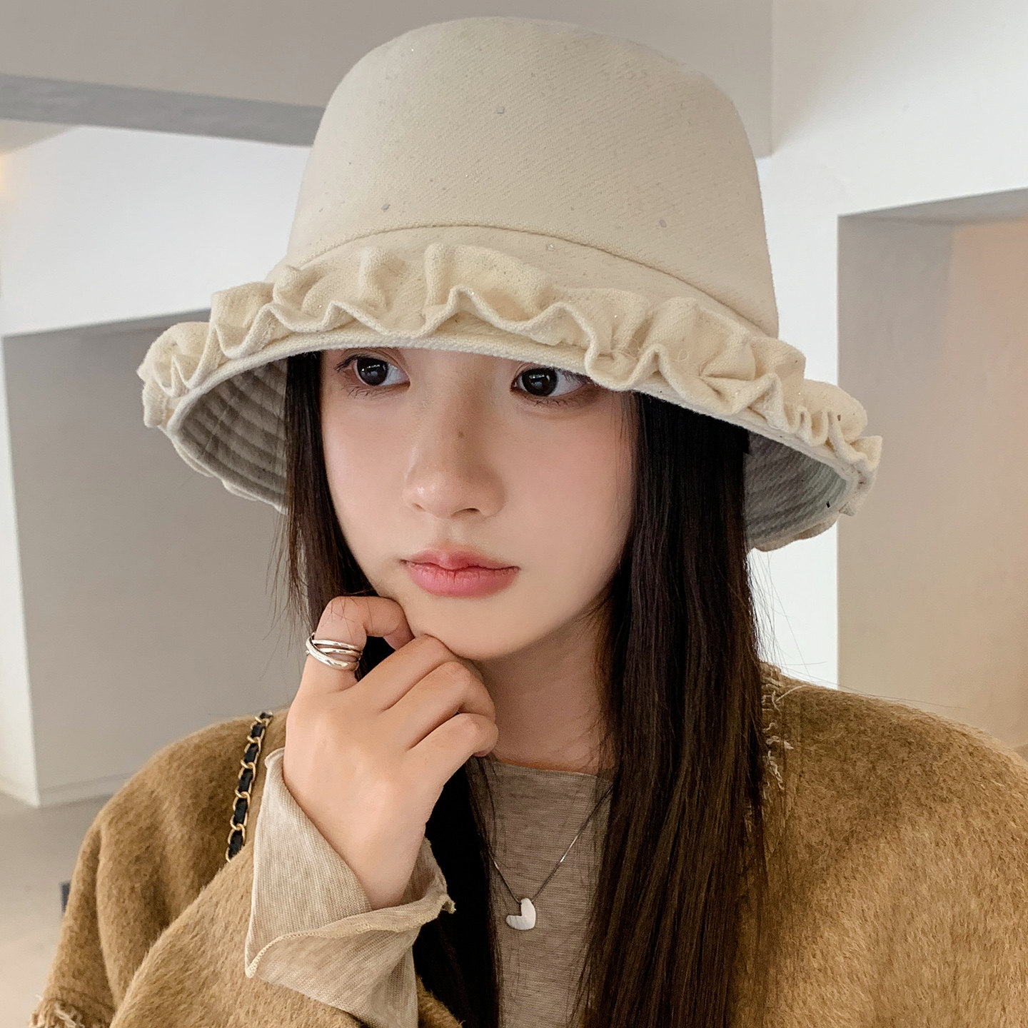 法式气质木耳边渔夫帽子女
