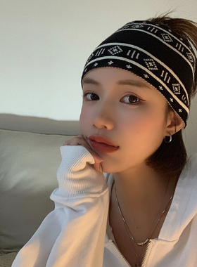 无性别两面佩戴超宽双层薄款针织弹力发带ins复古黑白运动头带潮