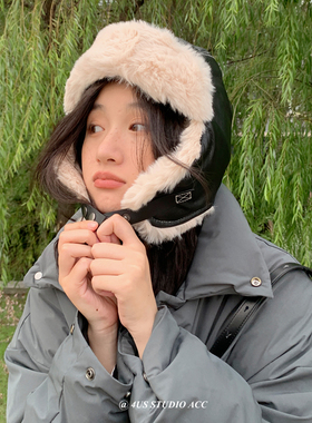 韩国秋冬复古飞行员帽子PU皮质毛绒雷锋帽男女骑车保暖护耳滑雪帽
