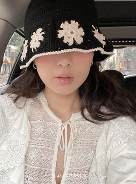 韩国小众设计师款亚麻棉线小清新手工针织渔夫帽镂空编制盆帽女