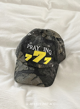 金采源同款777立体刺绣迷彩鸭舌帽女深顶大头围街头潮牌棒球帽男