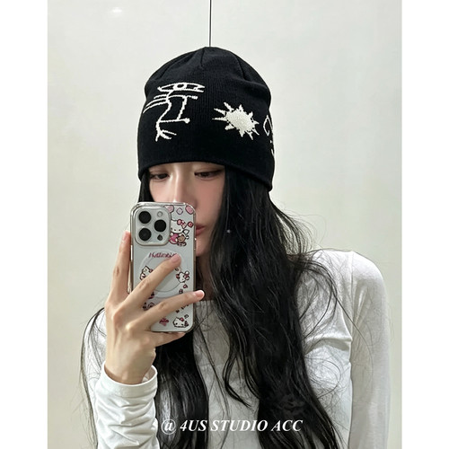 秋冬保暖复古涂鸦提花针织帽