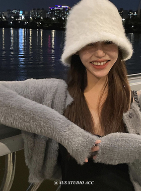 兔毛帽子女韩国秋冬天百搭水桶盆帽大码大头围显脸小毛茸茸渔夫帽