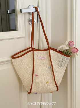 韩版夏季出游沙滩度假单肩包俏皮可爱彩色手缝蝴蝶结大容量草编包