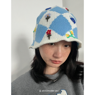 金泫雅同款格纹手工花朵针织渔夫帽子女韩版百搭保暖秋冬毛线盆帽