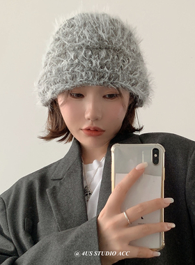 小众设计师毛茸混色针织帽子女秋冬韩版ins针织保暖毛线帽显脸小