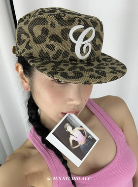 美式复古豹纹平顶帽女早秋新款立体刺绣字母平檐鸭嘴帽小众鸭舌帽