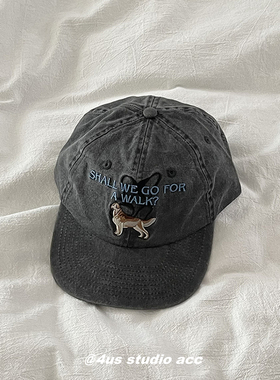 一起散步吗~韩国2024新款狗狗刺绣平檐鸭舌帽女软顶棒球帽显脸小