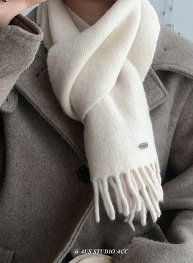 软糯含羊毛针织围巾女韩版秋冬季显白保暖高级感百搭情侣围脖白色