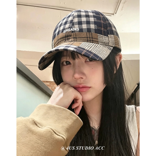 韩系复古格纹拼接棒球帽
