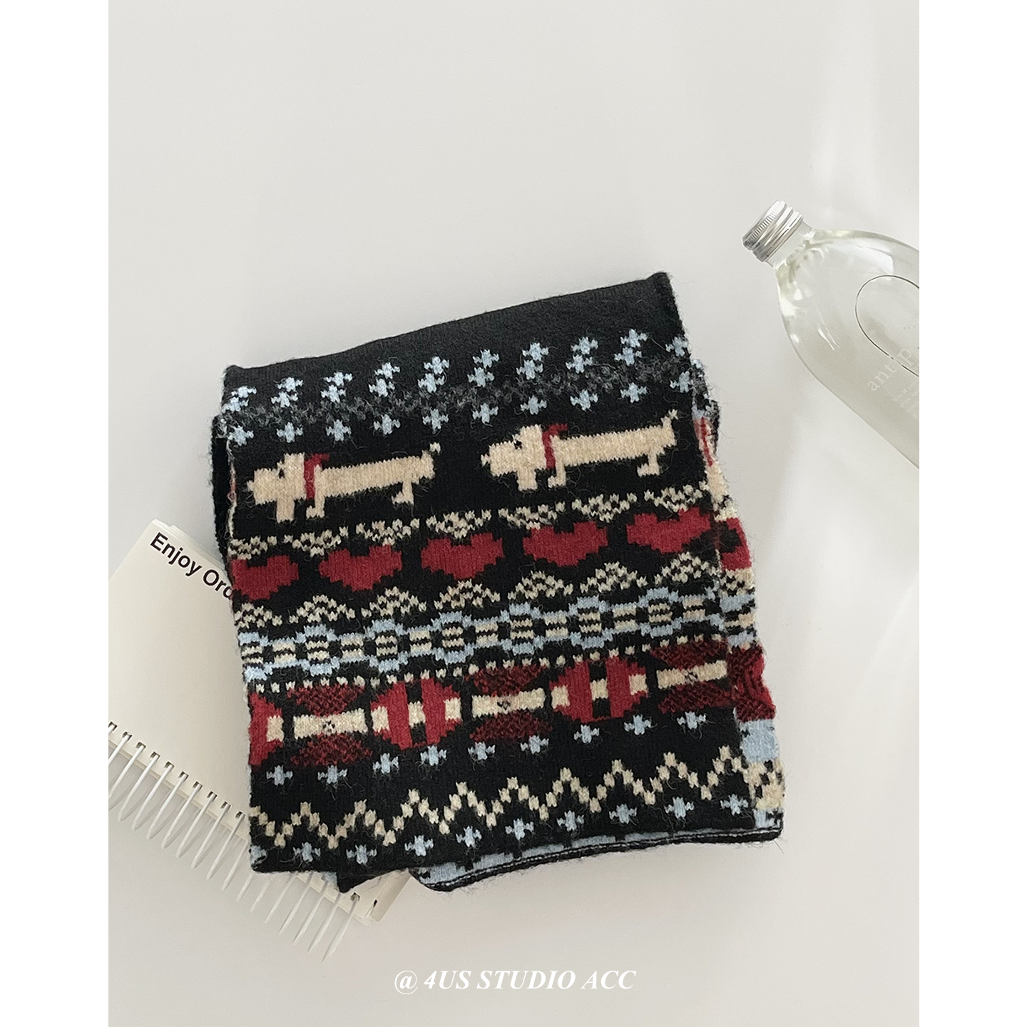 韩版可爱小狗提花双面针织围巾