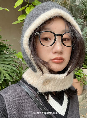 韩版针织拼色巴拉克拉法帽女冬季保暖护颈一体围脖帽子大头毛线帽