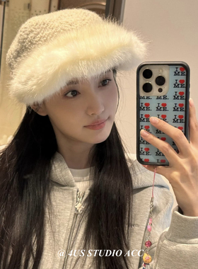 小众时髦复古平顶马术帽女秋冬保暖毛绒拼接高级感毛呢格纹骑士帽