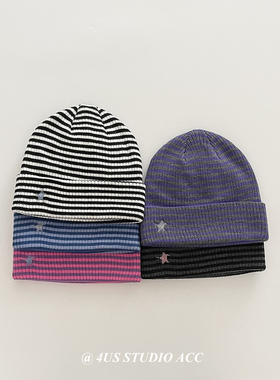 韩国ig博主同款星星条纹复古针织冷帽女秋冬保暖护耳毛线帽显脸小