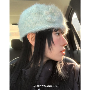 韩国ig博主同款秋冬甜美可爱针织帽女马海毛卷边纯手工花朵毛线帽