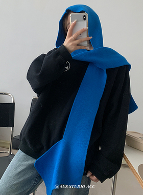 韩版小众设计师长款克莱因蓝色秋冬季保暖围巾帽子两用情侣围脖女