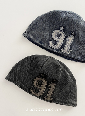 日系雅痞风重工水洗牛仔做旧瓜皮帽女街头潮牌复古圆顶地主帽男