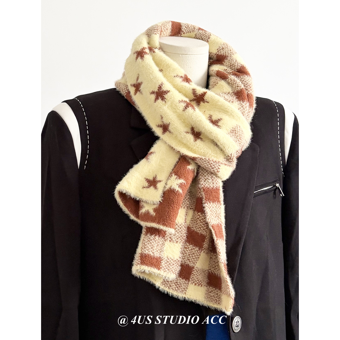 软糯糯双面星星格子仿貂毛围巾