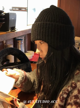 韩国ig博主同款复古针织帽女秋冬季保暖护耳包头帽大头围黑色冷帽