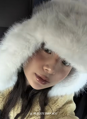 fever同款白色毛绒雷锋帽女冬季保暖加厚护耳飞行帽户外骑行帽子