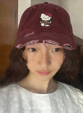 韩版KT猫做旧破洞棒球帽女四季百搭出游鸭舌帽显脸小大头围遮阳帽