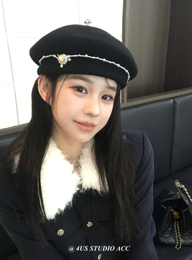 韩系小众轻奢复古贝雷帽女秋冬季气质百搭黑色羊毛画家帽子显脸小
