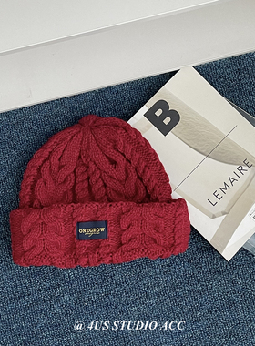 韩系氛围感圣诞新年红色麻花针织帽子女冬季保暖护耳毛线帽显脸小