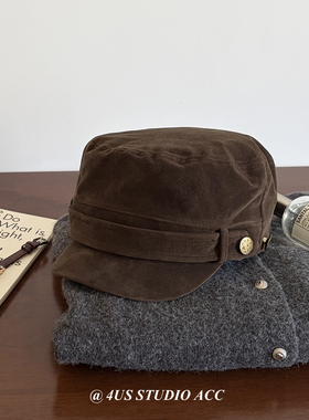 高级感复古麂皮平顶报童帽女四季百搭显脸小时髦画家帽鸭舌八角帽