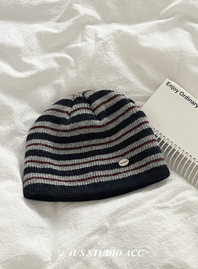 韩国ig博主同款撞色条纹针织帽子女秋冬保暖护耳毛线帽冷帽显脸小