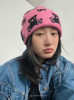 韩版ins秋冬季可爱小熊图案针织毛线帽子潮牌卷边保暖包头冷帽女